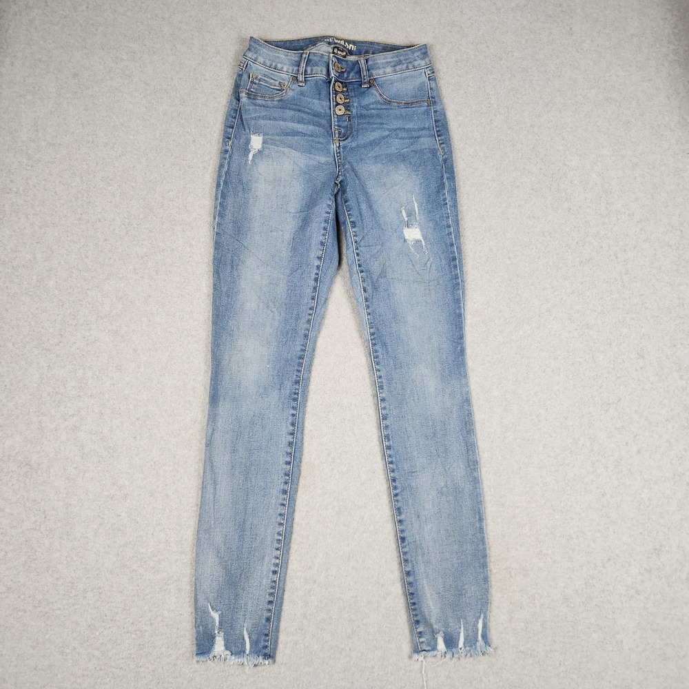 Rewash Skinny Jeans Womens 1/25 Blue Denim Stretch Distressed Button Fly Raw Hem